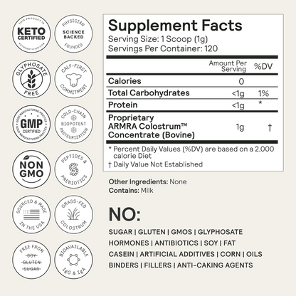 ARMRA Colostrum Powder | Gut Health & Bloating | Skin & Hair | Immunity | Keto, Gluten & Fat-Free | 90 Servings